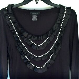 Women’s Black Long Sleeve Pearl Embellished Dressy Top~Size S~Brand Dolcetti~NEW